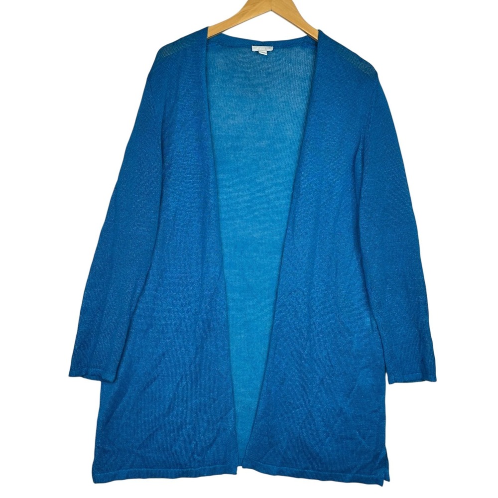 J Jill Cardigan Womens L Blue Linen Blend Long Duster Open Front Lightweight